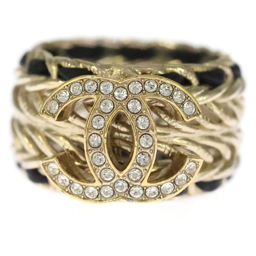 Chanel CC Logo Chain Rhinestone Leather Ring Gold — view 4