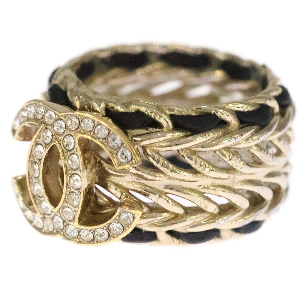 Chanel CC Logo Chain Rhinestone Leather Ring Gold