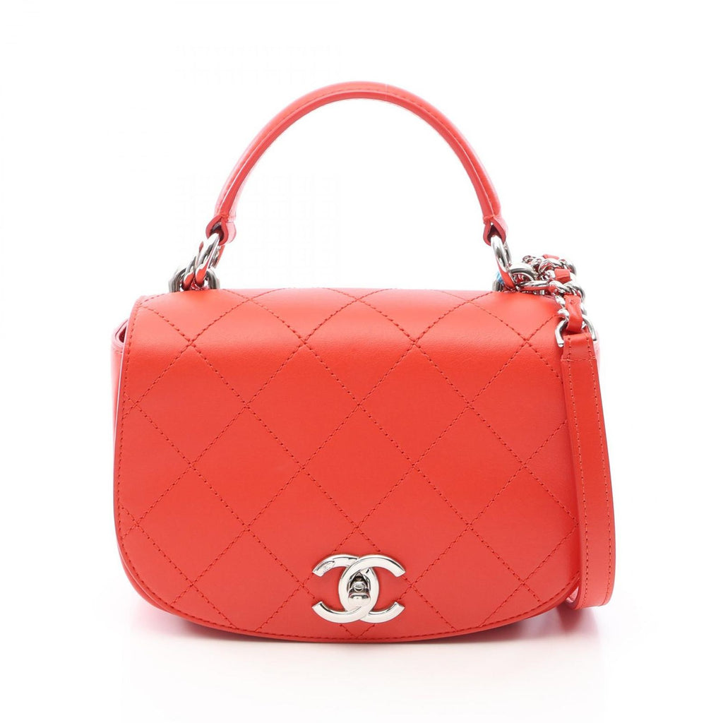 Chanel Shoulder Bag Quilted Top Handle 2-Way Red Leather Chain