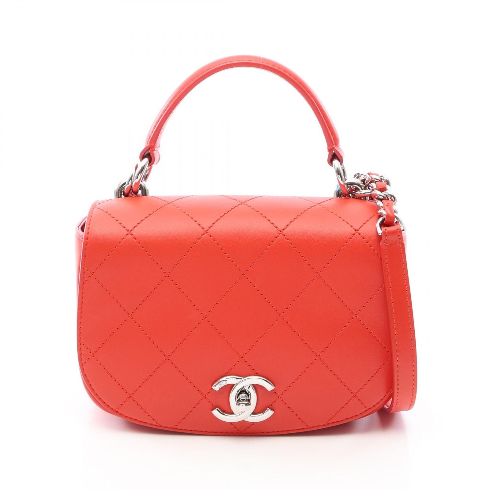 Chanel Shoulder Bag Quilted Top Handle 2-Way Red Leather Chain