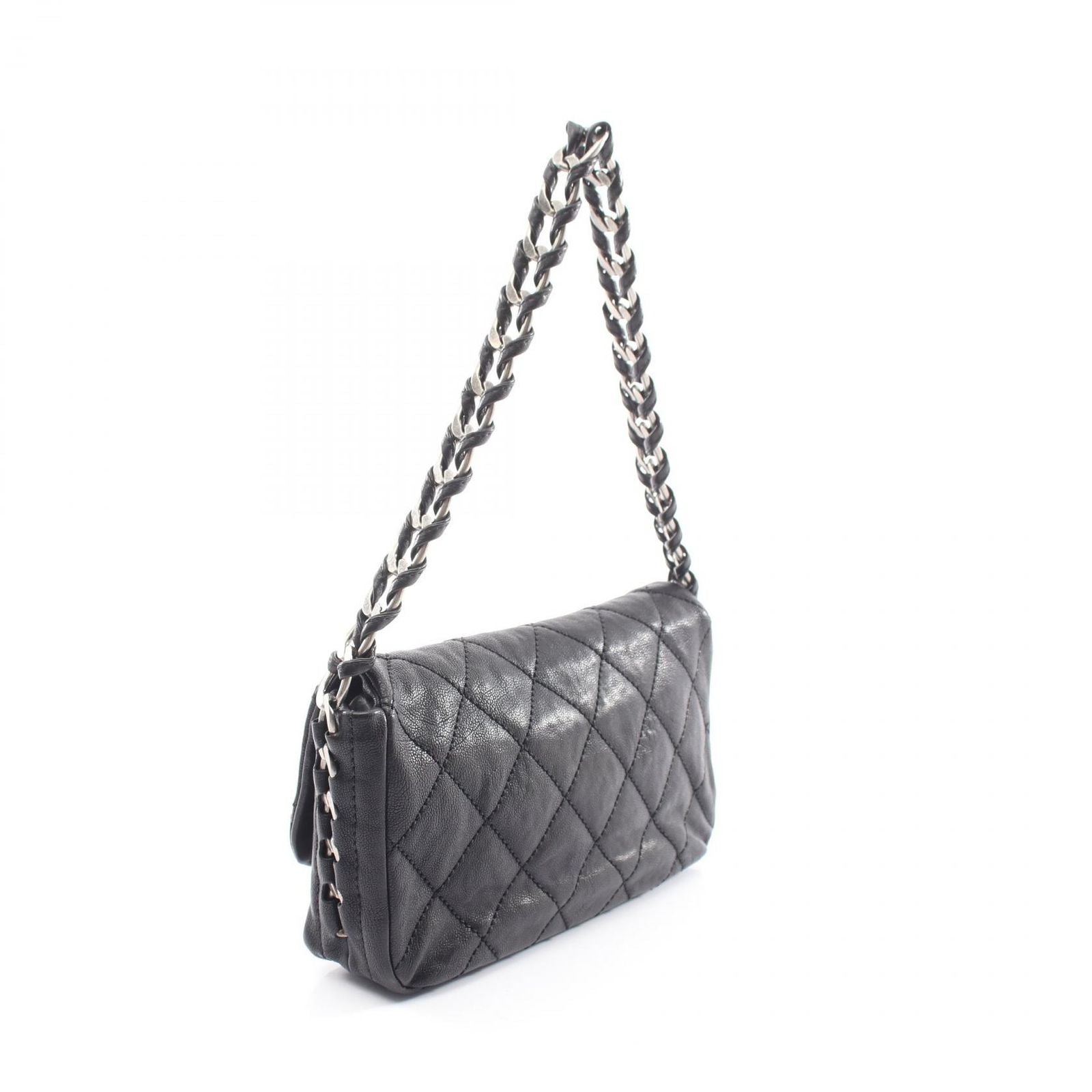 Chanel Shoulder Bag Quilted Antique Silver Black Caviar Leather Chain — view 2