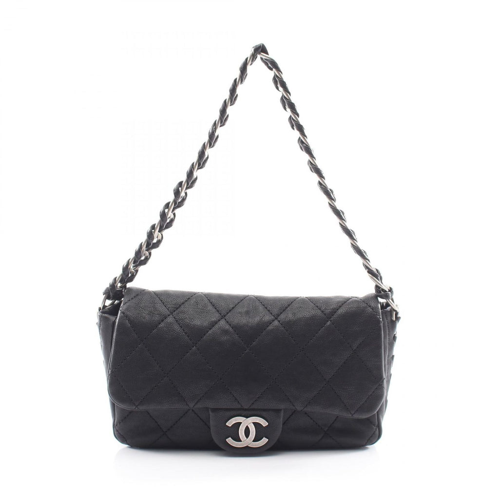 Chanel Shoulder Bag Quilted Antique Silver Black Caviar Leather Chain