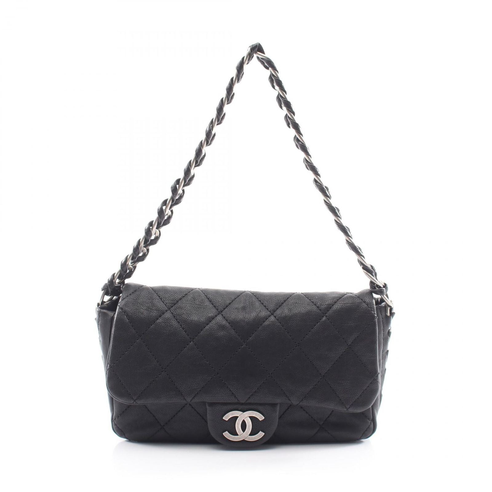 Chanel Shoulder Bag Quilted Antique Silver Black Caviar Leather Chain