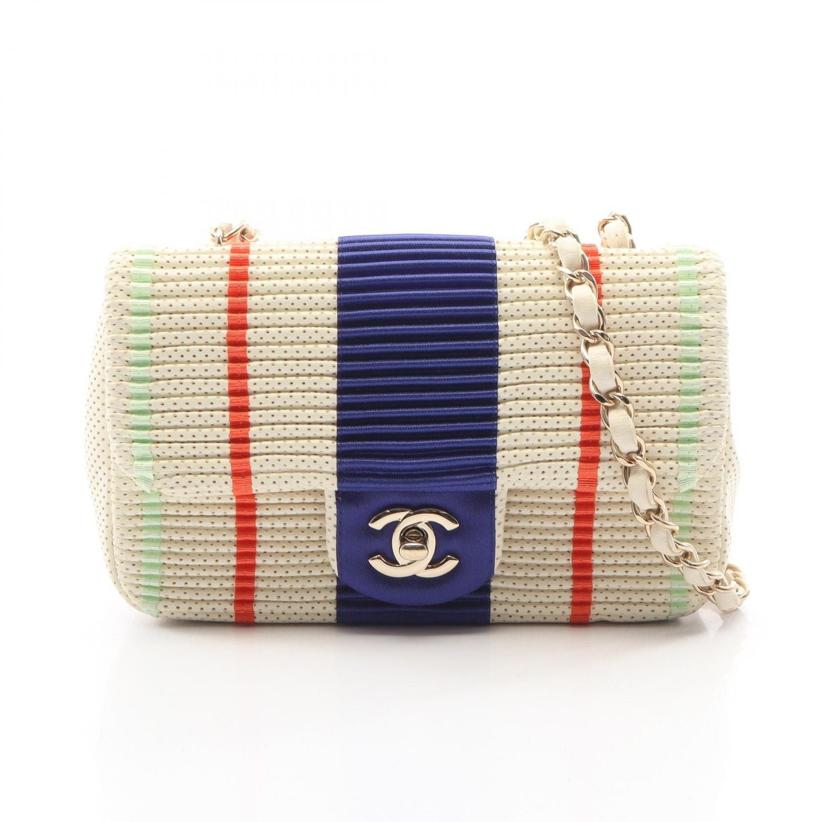 Chanel Shoulder Bag Mini Quilted 20 Pleats Cream Blue Leather Chain