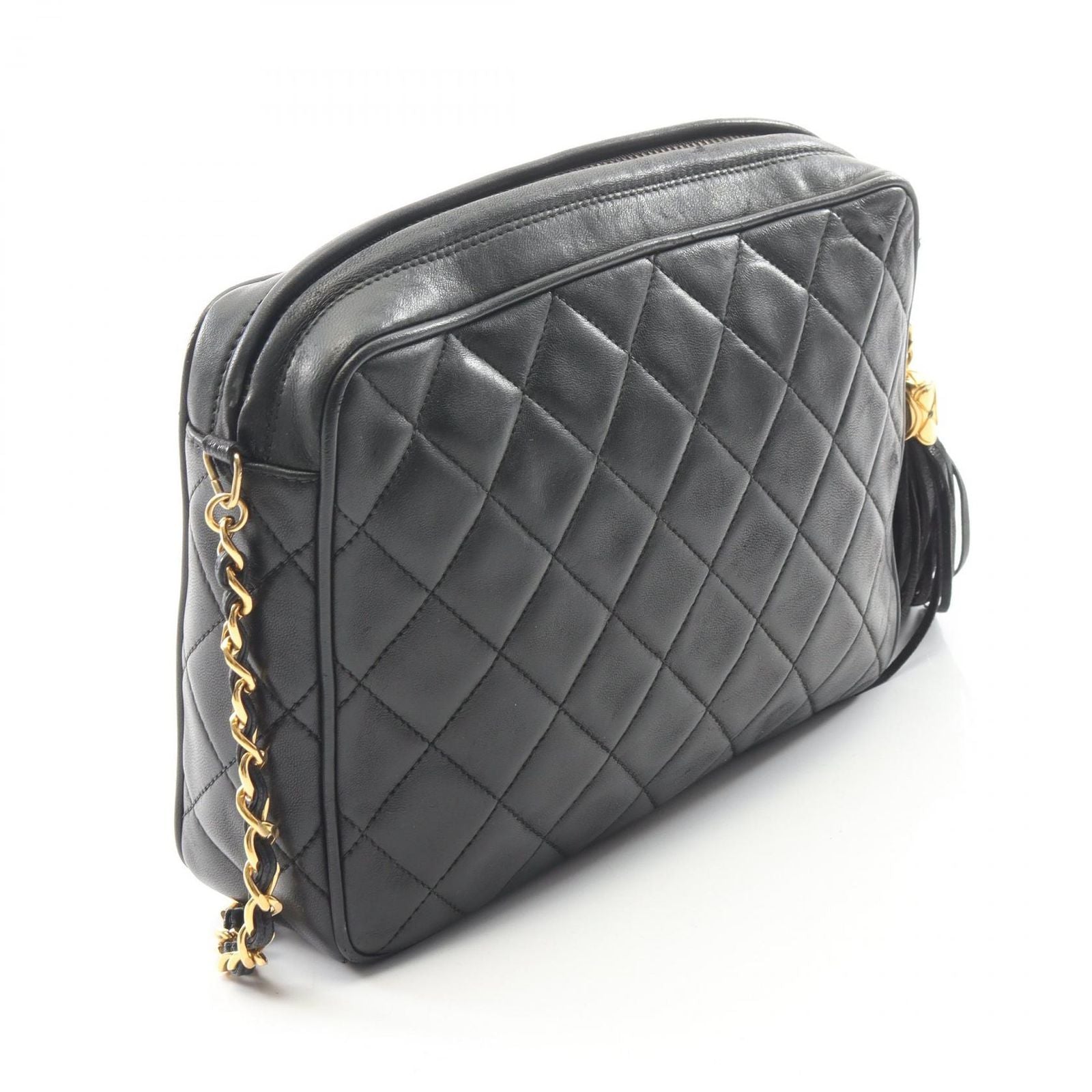 Chanel Shoulder Bag Quilted Black Lambskin Fringe Chain — view 2