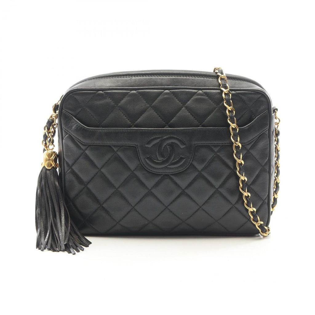 Chanel Shoulder Bag Quilted Black Lambskin Fringe Chain