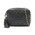 Chanel Shoulder Bag Quilted Black Lambskin Fringe Chain