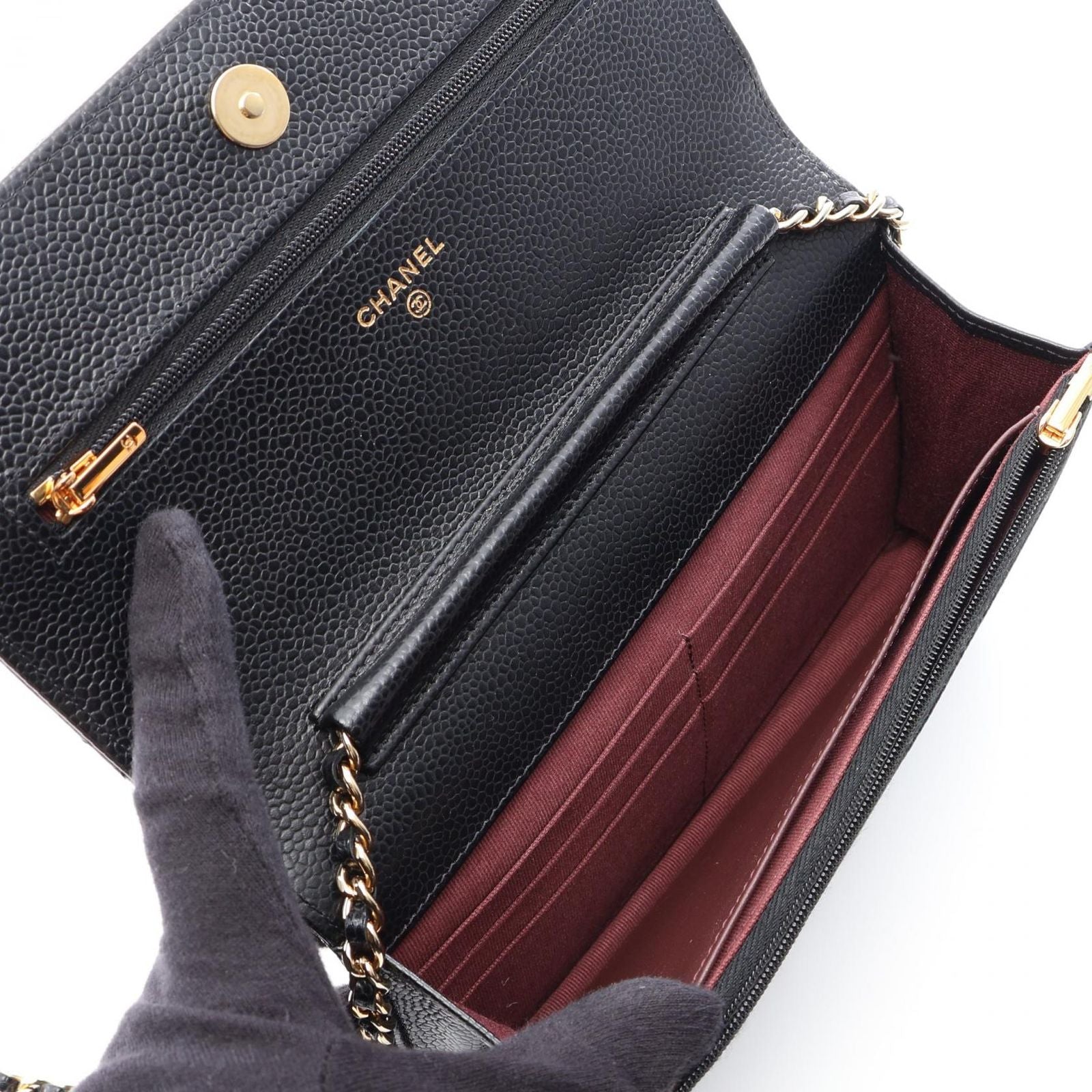 Chanel Shoulder Bag Quilted Black Caviar Leather Chain Wallet — view 3