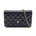 Chanel Shoulder Bag Quilted Black Caviar Leather Chain Wallet