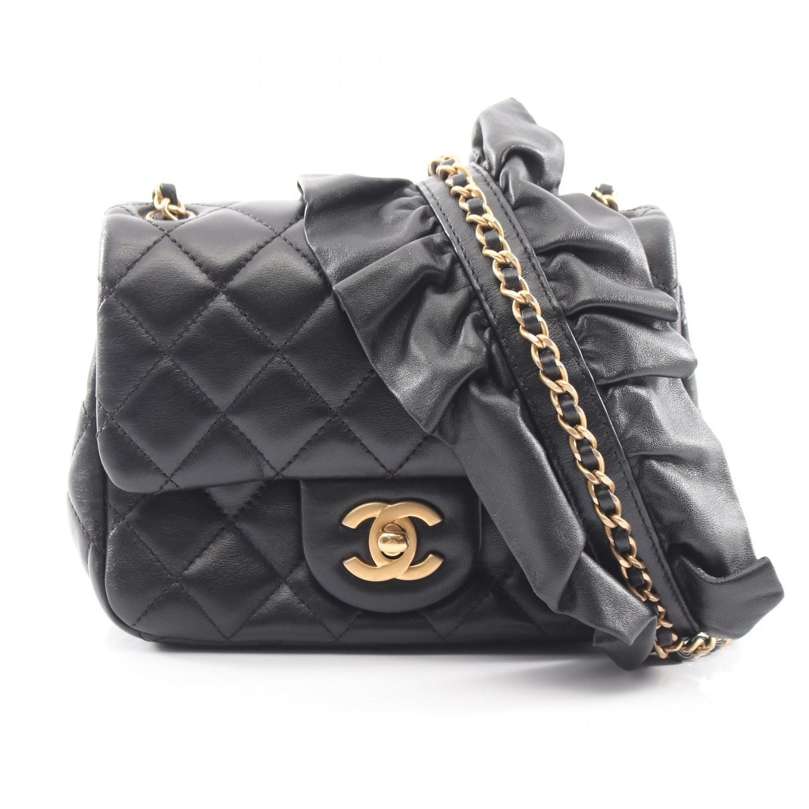 Chanel Shoulder Bag Mini Quilted Ruffles Black Lambskin Chain