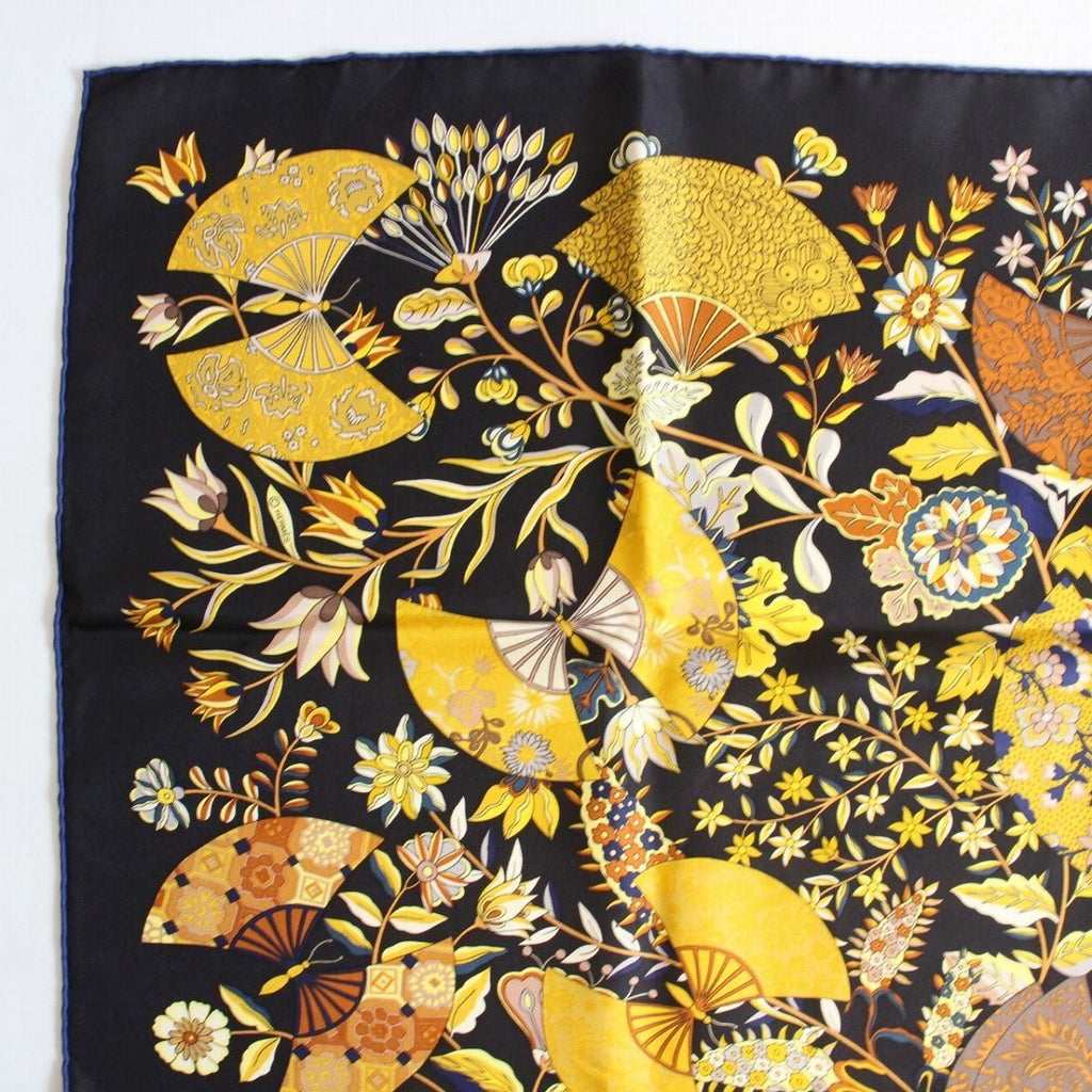 Hermes Carre 90 Scarf Flower Blooming Fabric Fan Silk 100% Black Pawn — view 2
