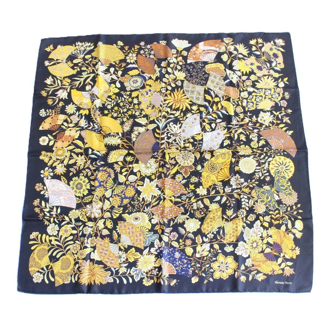 Hermes Carre 90 Scarf Flower Blooming Fabric Fan Silk 100% Black Pawn