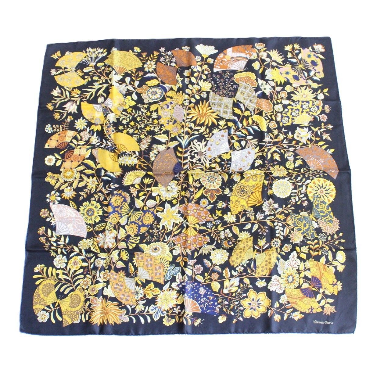 Hermes Carre 90 Scarf Flower Blooming Fabric Fan Silk 100% Black Pawn