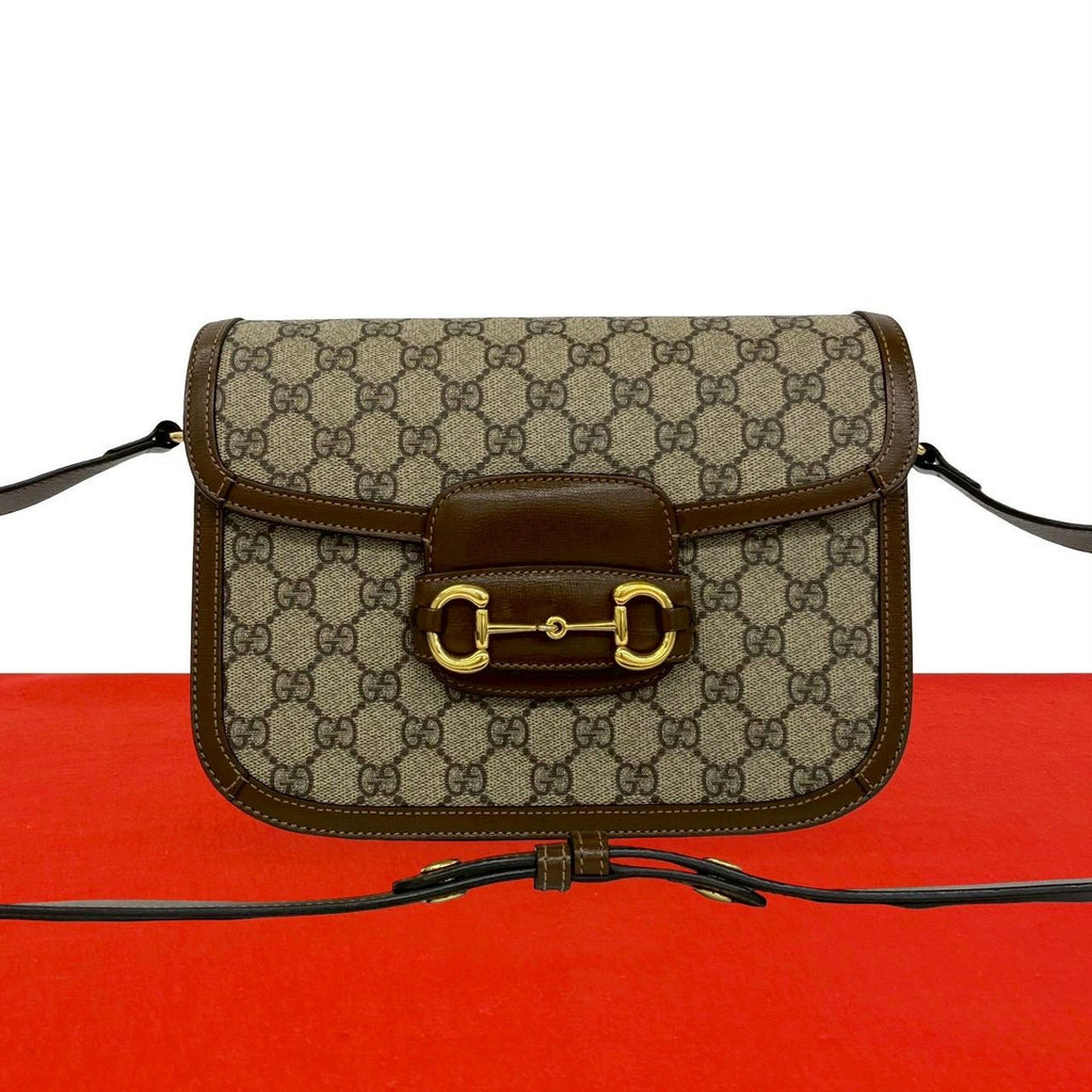 Gucci Horsebit GG Supreme Leather Polyurethane Shoulder Bag Pochette Brown
