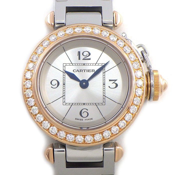 Cartier Watch Miss Pasha Diamond Bezel Silver Sunray Dial 18k Pink Gold SS