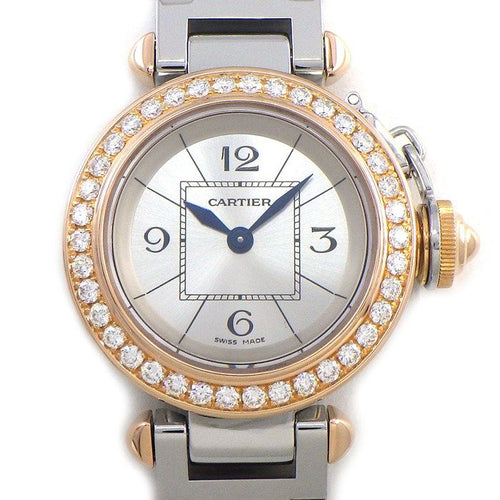 Cartier Watch Miss Pasha Diamond Bezel Silver Sunray Dial 18k Pink Gold SS