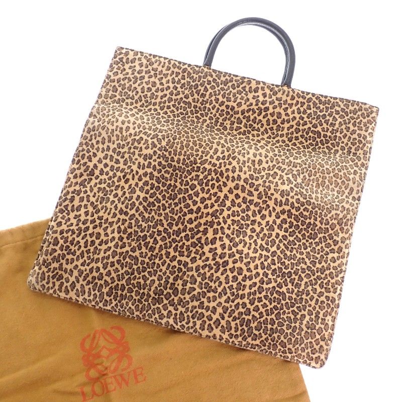 Loewe Anagram Leopard Tote Suede Calf Brown Black Print Vintage