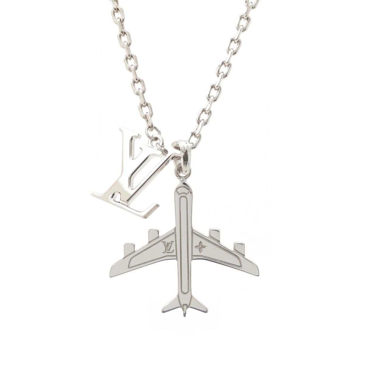 Louis Vuitton Monogram LV Plain Pendant Chain Necklace Logo Airplane Motif
