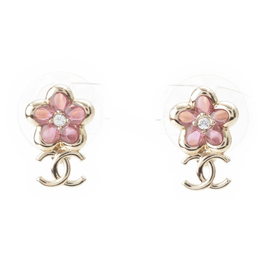Chanel CC Logo Flower Earrings Pink Gold