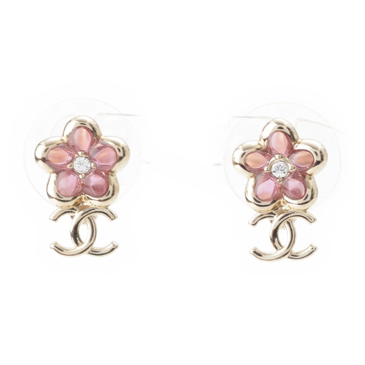 Chanel CC Logo Flower Earrings Pink Gold