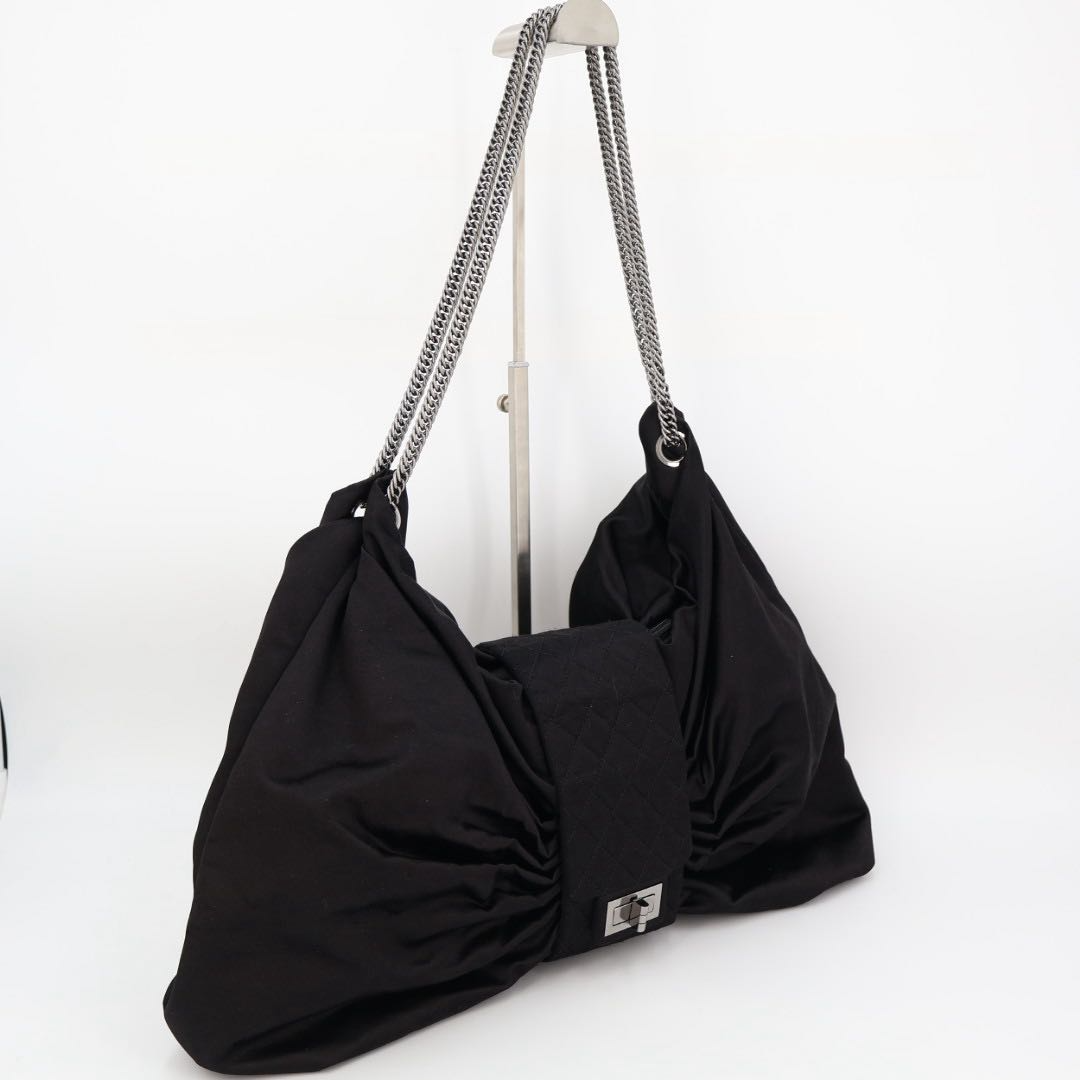 Chanel 2.55 Chain Ribbon Shoulder Satin Black Handbag