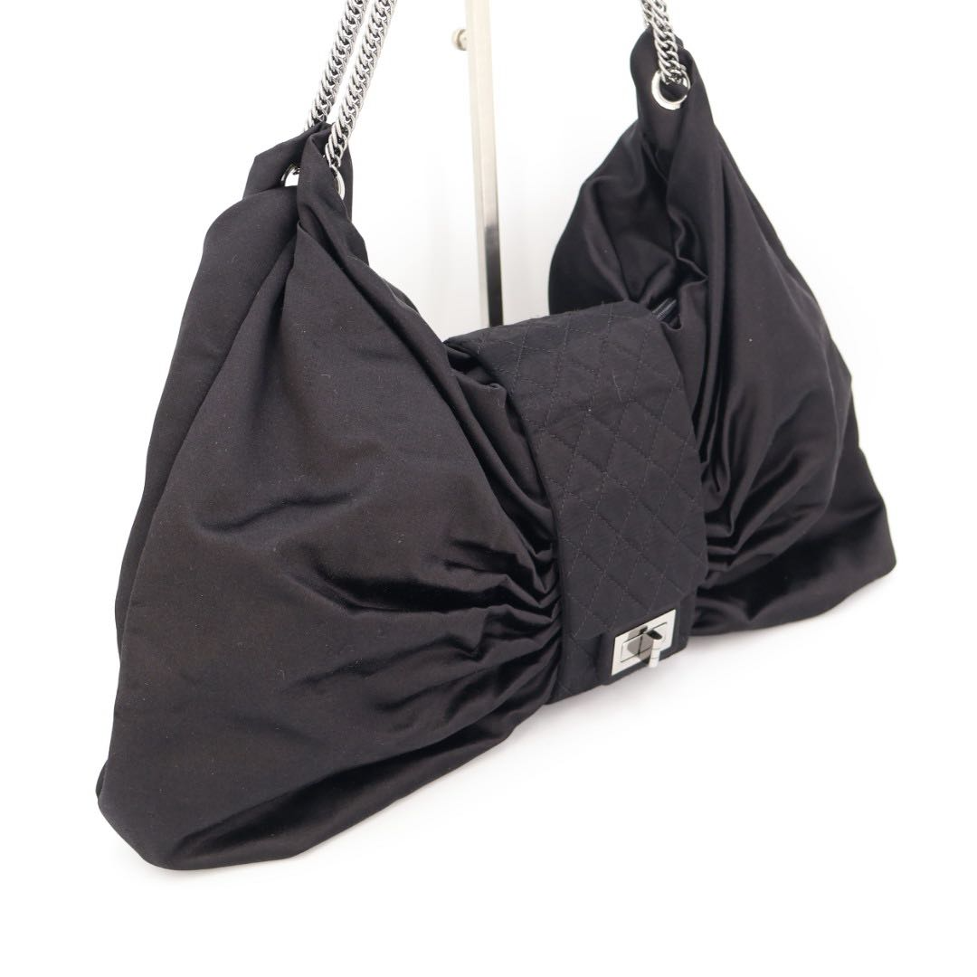 Chanel 2.55 Chain Ribbon Shoulder Satin Black Handbag — view 2