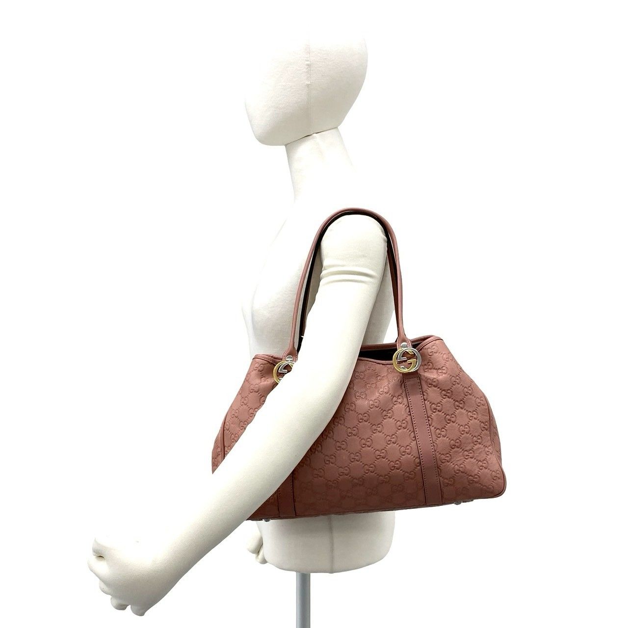 Gucci GG Twins Logo Guccissima Embossed Leather Tote Shoulder Bag Pink — view 2