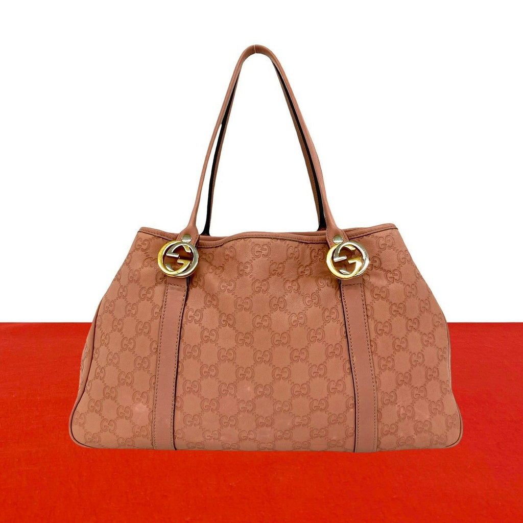 Gucci GG Twins Logo Guccissima Embossed Leather Tote Shoulder Bag Pink