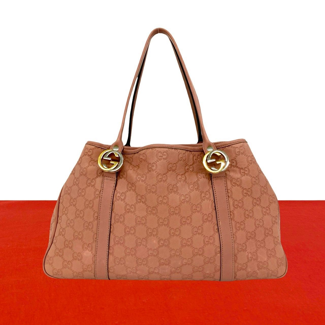 Gucci GG Twins Logo Guccissima Embossed Leather Tote Shoulder Bag Pink