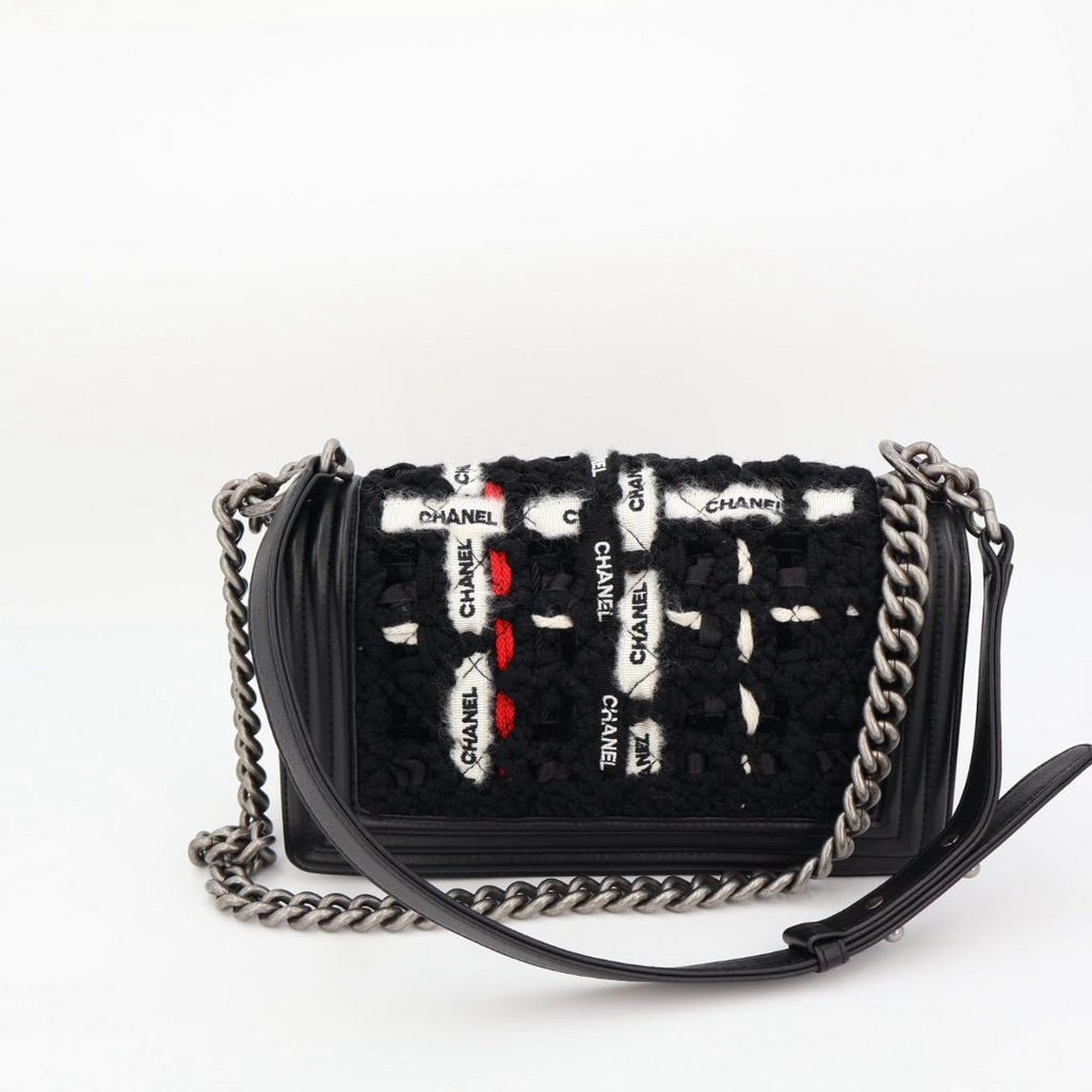 Chanel Chane Tweed Lambskin Boy Braided Logo Mark Chain Shoulder Black — view 6