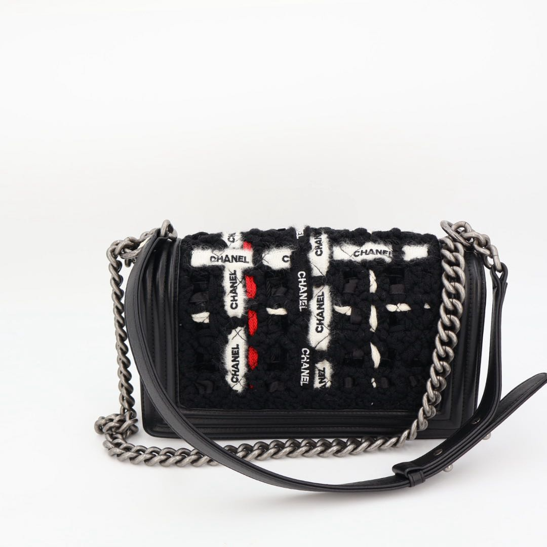 Chanel Chane Tweed Lambskin Boy Braided Logo Mark Chain Shoulder Black — view 6