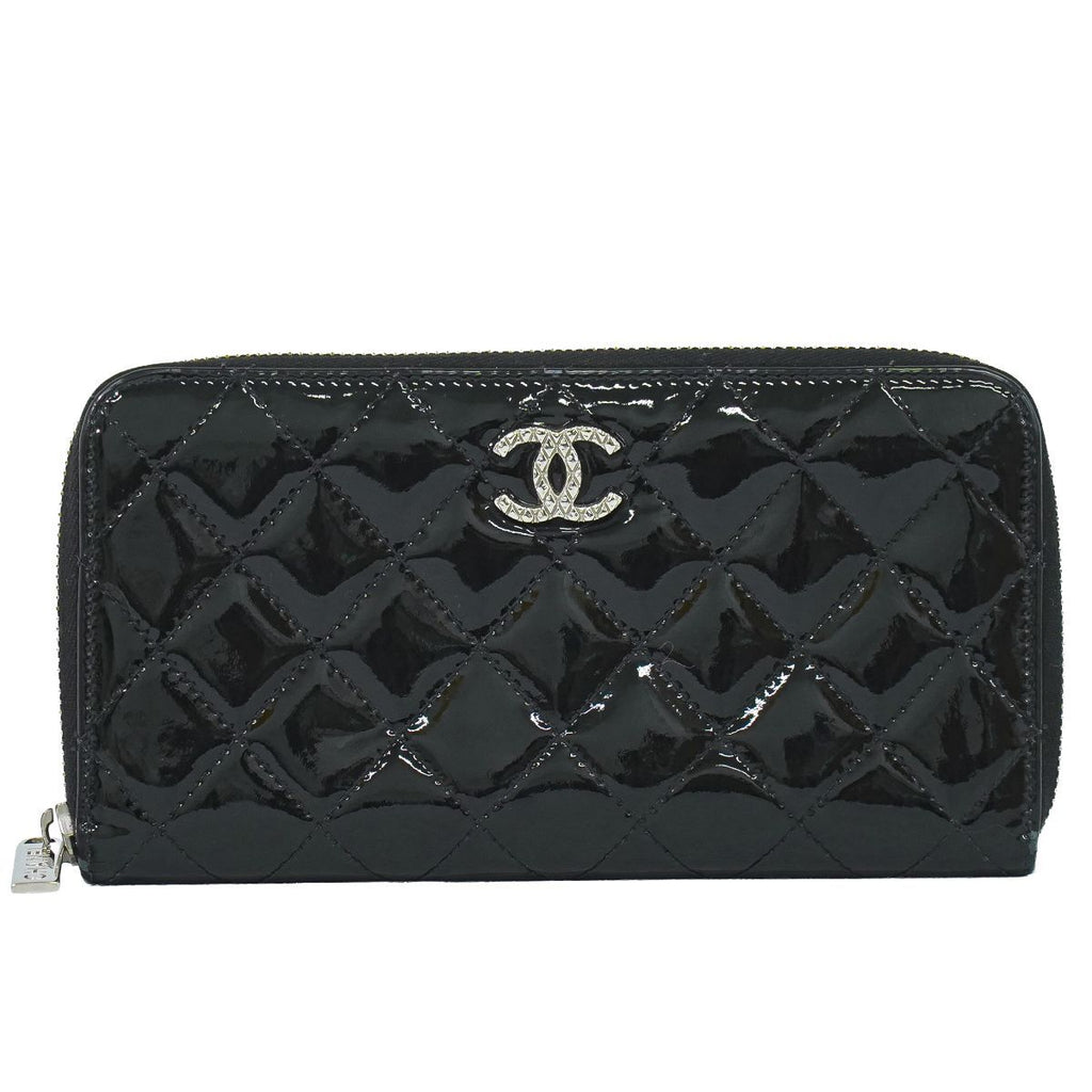 Chanel CC Logo Quilted Round Zip Wallet Patent Leather Black