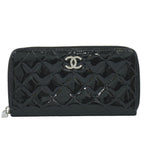 Chanel CC Logo Quilted Round Zip Wallet Patent Leather Black