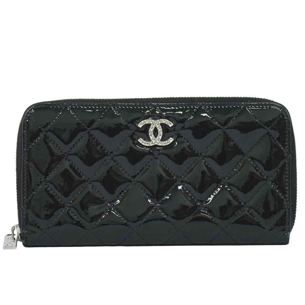 Chanel CC Logo Quilted Round Zip Wallet Patent Leather Black