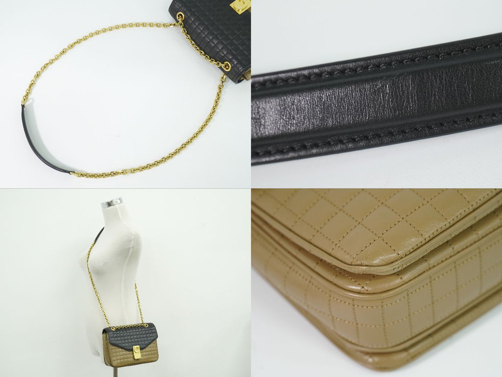 Celine C Quilted Chain Shoulder Bag Leather Beige Black Medium — view 6