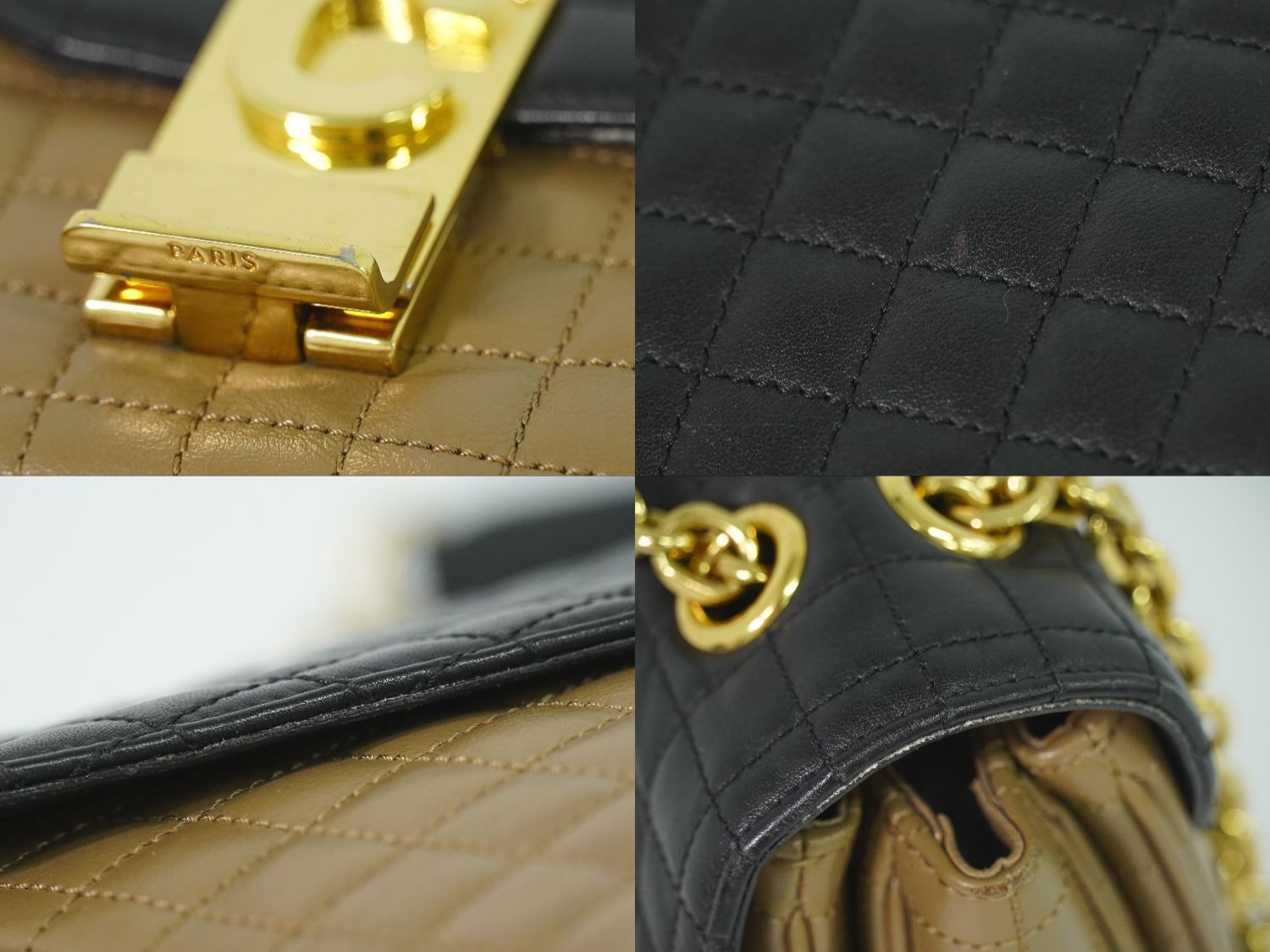 Celine C Quilted Chain Shoulder Bag Leather Beige Black Medium — view 7