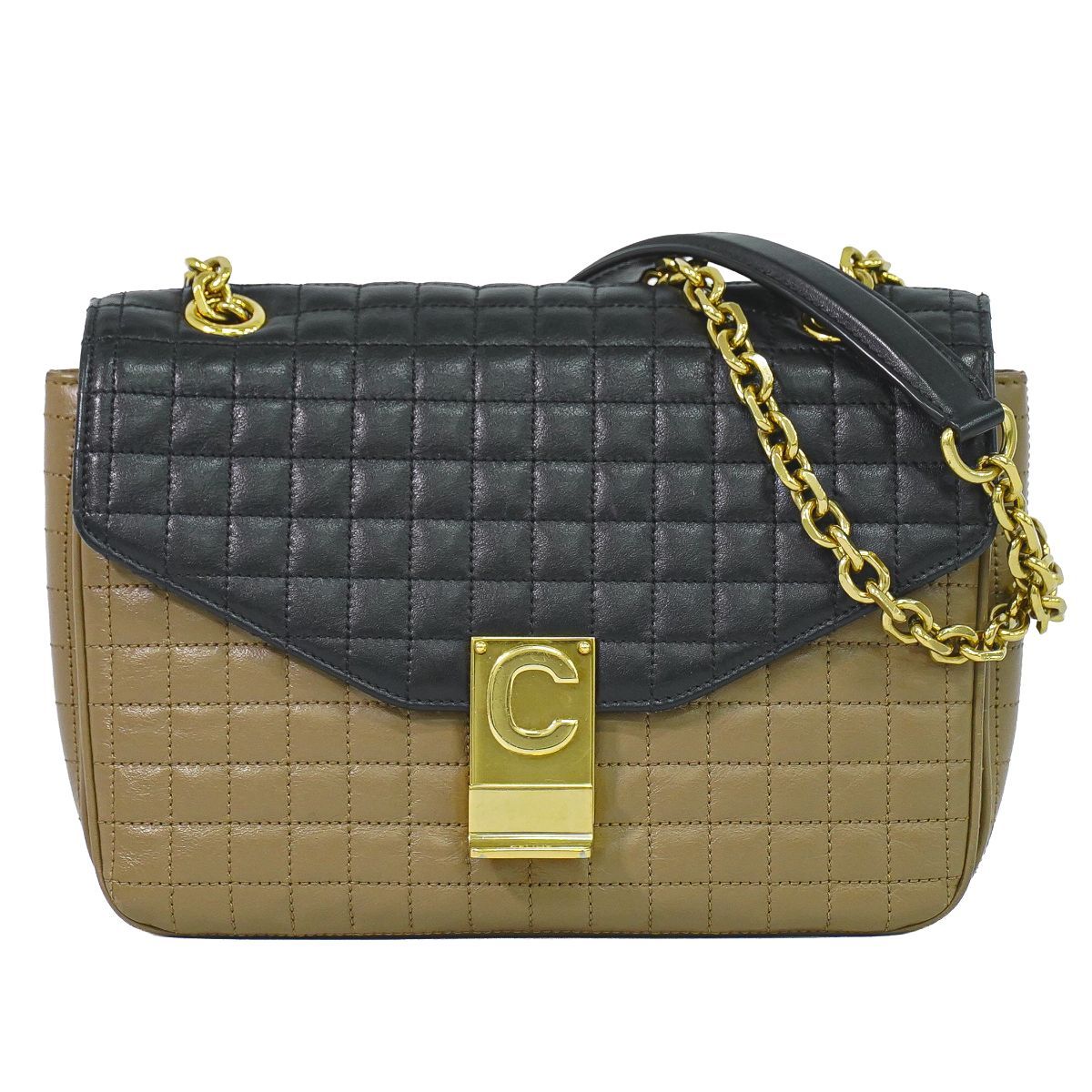 Celine C Quilted Chain Shoulder Bag Leather Beige Black Medium