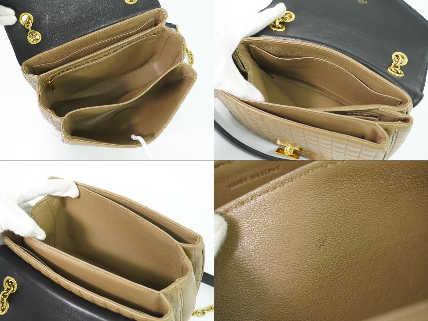 Celine C Quilted Chain Shoulder Bag Leather Beige Black Medium — view 8