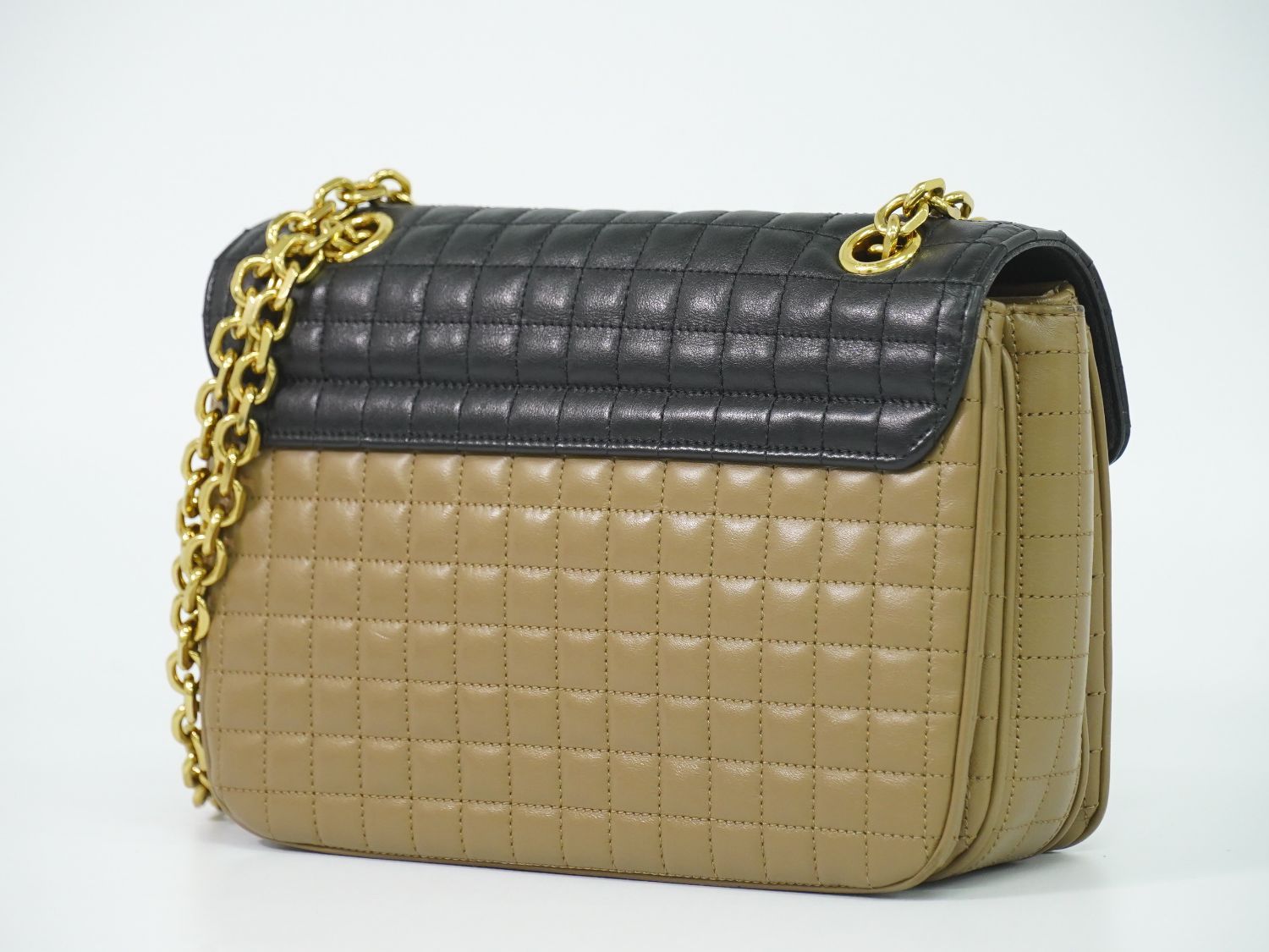 Celine C Quilted Chain Shoulder Bag Leather Beige Black Medium — view 2