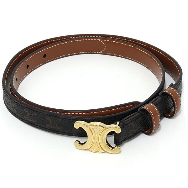 Celine Triomphe Belt 18 Canvas Calfskin Brown Gold Finish