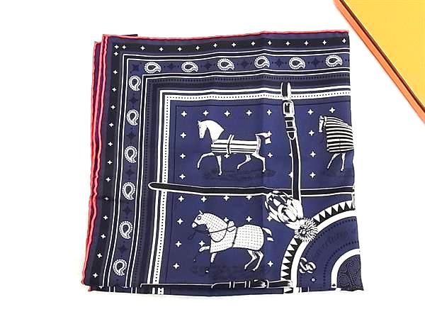 Hermes Couvertures Et Tenues de Jour Horse Carre 55 Silk 100% Pocket Square Navy