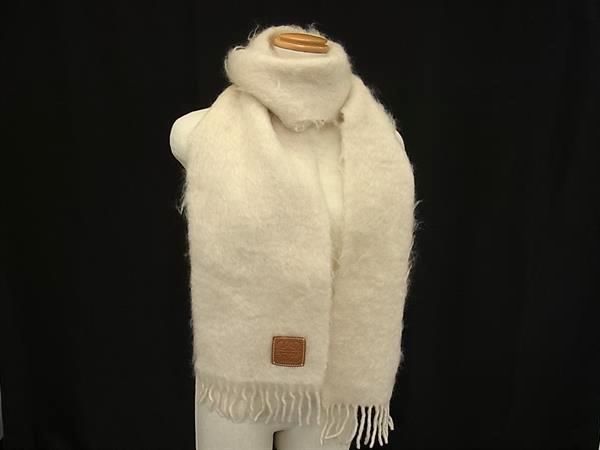 Loewe Anagram Mohair Wool Fringe Scarf Shawl Ivory