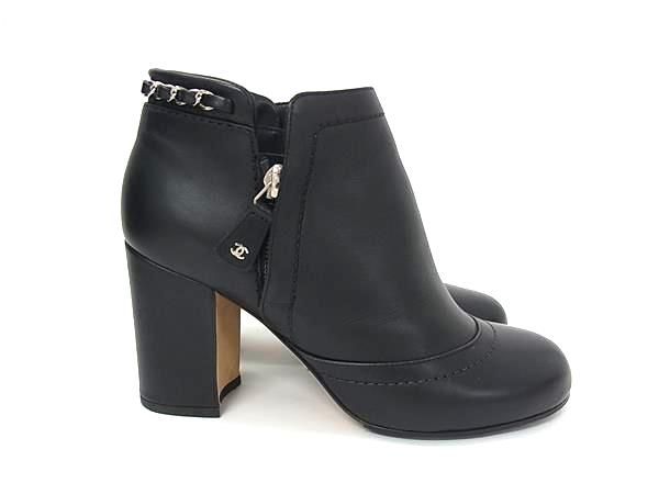Chanel CC Logo Leather Chain Short Boots 36.5) Shoes Black — view 2