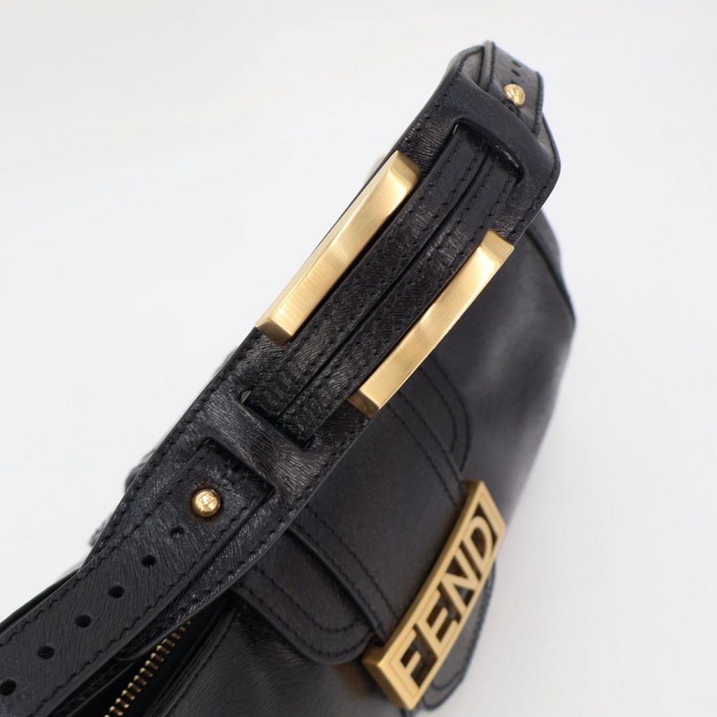 Fendi Shoulder Bag Black Logo Leather Hobo — view 3