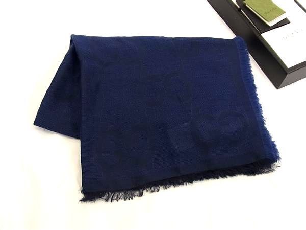 Gucci GG Pattern 76% Wool Silk 24% Scarf Shawl Navy