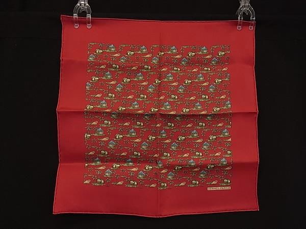 Hermes Petit Carre Gavroche Silk 100% Palm Tree Pattern Scarf Red Multicolor