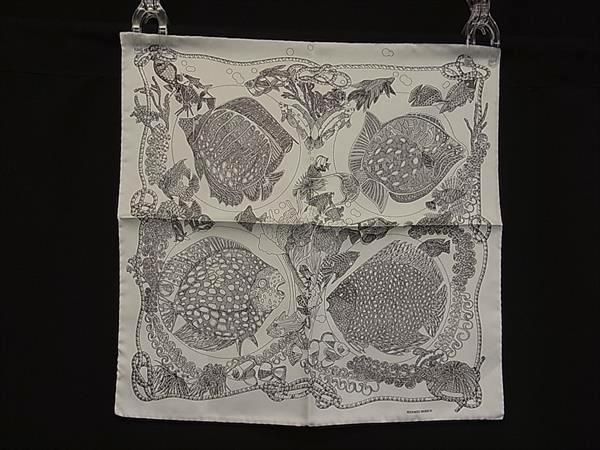 Hermes Petit Carre Gavroche Silk 100% Fish Pattern Scarf White Black