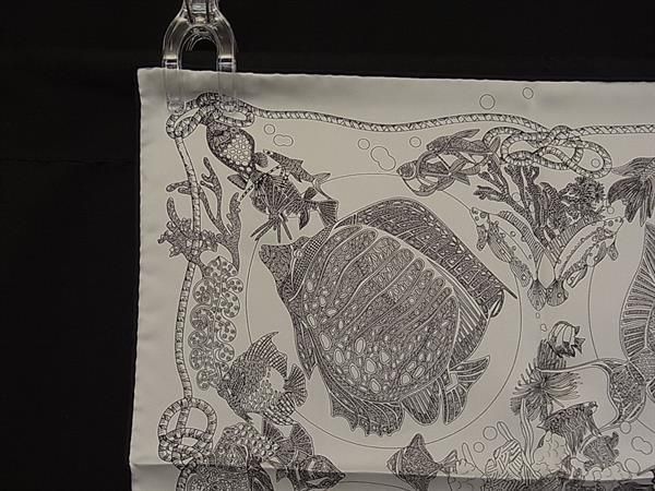 Hermes Petit Carre Gavroche Silk 100% Fish Pattern Scarf White Black — view 2