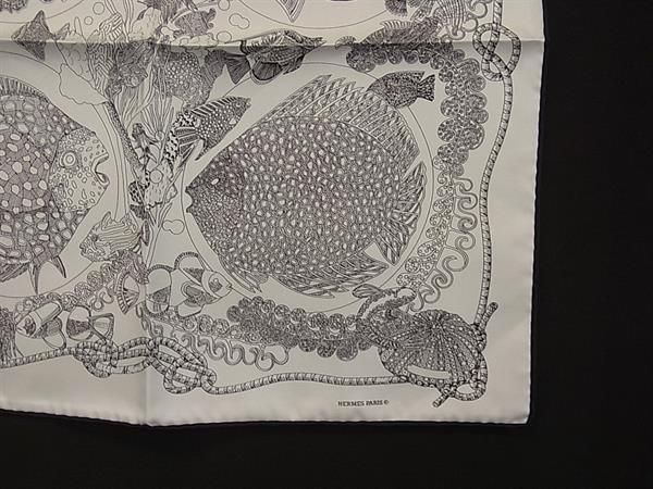 Hermes Petit Carre Gavroche Silk 100% Fish Pattern Scarf White Black — view 3