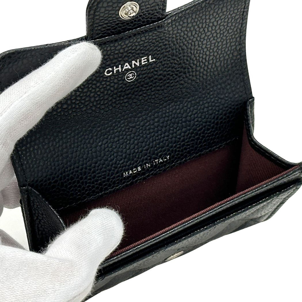Chanel Card Case Quilted Caviar Leather Black Silver Business Holder Compact — view 5